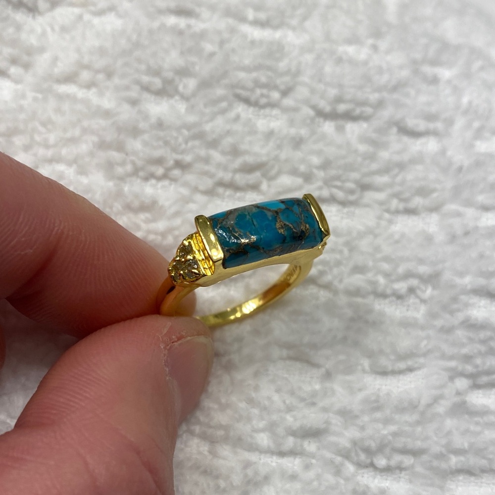 Turquoise and Blue Topaz Gold Ring - Picture 2 of 8